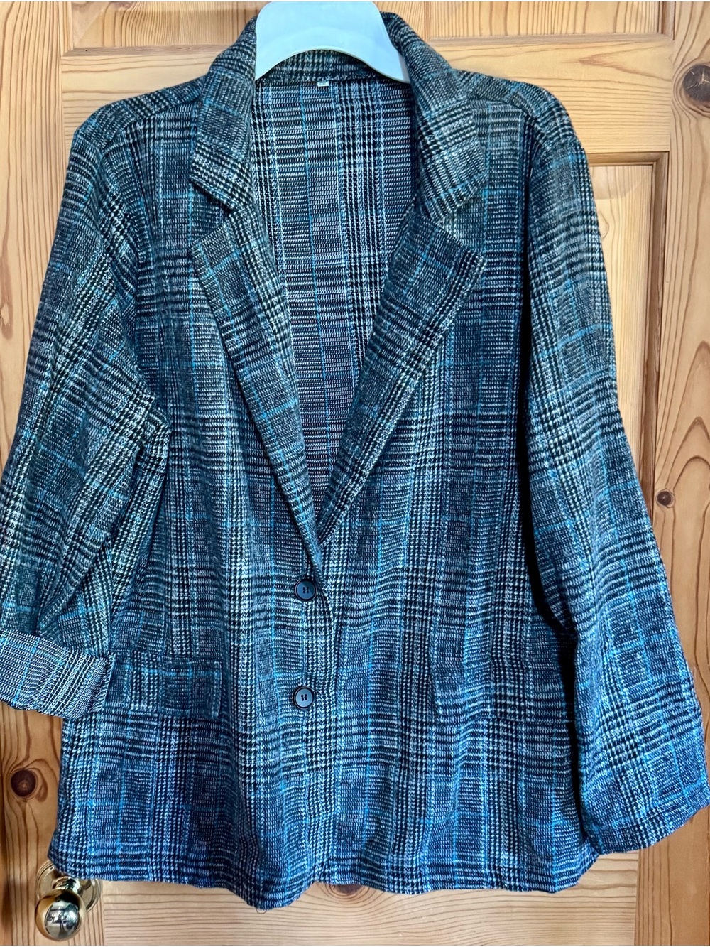Classic Plaid Women's Blazer Jacket in Black & Gray/blue details